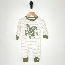 Load image into Gallery viewer, Turtle coverall printed on our green and natural stripe - NEW for Spring 2025