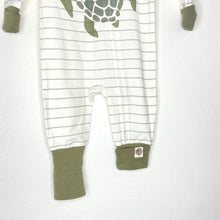 Load image into Gallery viewer, Turtle coverall printed on our green and natural stripe - NEW for Spring 2025