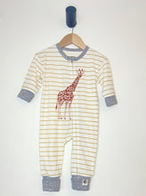 Load image into Gallery viewer, Giraffe coverall printed on mustard stripe with heather grey sleeves