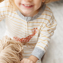 Load image into Gallery viewer, Giraffe coverall printed on mustard stripe with heather grey sleeves