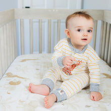 Load image into Gallery viewer, Giraffe coverall printed on mustard stripe with heather grey sleeves
