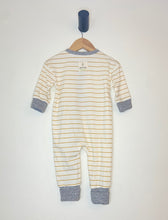 Load image into Gallery viewer, Giraffe coverall printed on mustard stripe with heather grey sleeves
