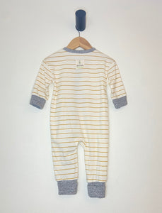 Giraffe coverall printed on mustard stripe with heather grey sleeves