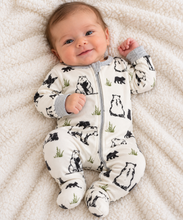 Load image into Gallery viewer, NEW Print - Black Bear Family footie in eco-friendly fabric
