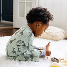 Load image into Gallery viewer, Giraffe print on sage ground 2pc infant/toddler tight fitting pajama set