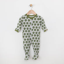Load image into Gallery viewer, Tree of Life ruffle footie on heather grey sustainable fabric