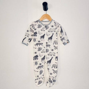 Animal kingdom printed footie in sustainable fabric