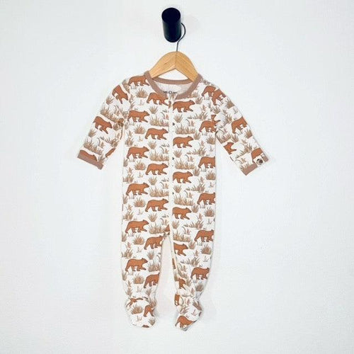 Bear printed footie in sustainable fabric